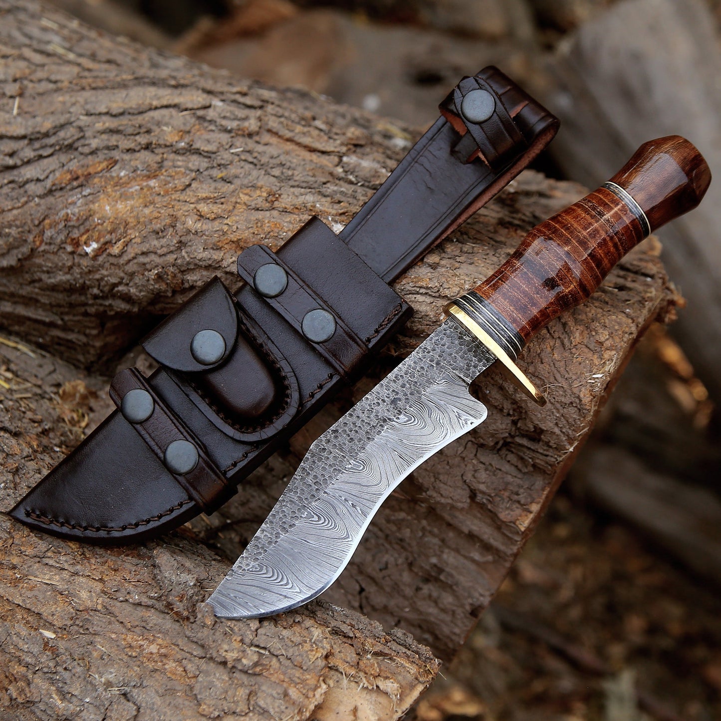 Damascus Knife - Hawk 11.5" Damascus Hunting Bowie Knife with Stacked Leather Handle - Shokunin USA