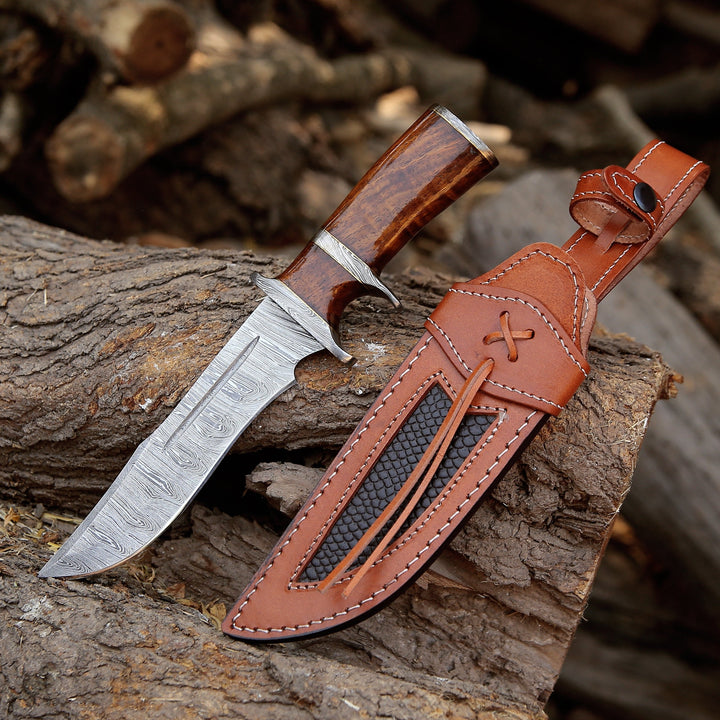 Utility Knife - Raider Damascus Steel Bowie Knife with Exotic Rose Wood Handle &amp; Sheath - Shokunin USA
