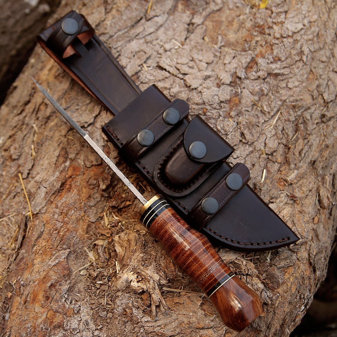 Hawk 11.5" Damascus Hunting Bowie Knife with Stacked Leather Handle - Shokunin USA