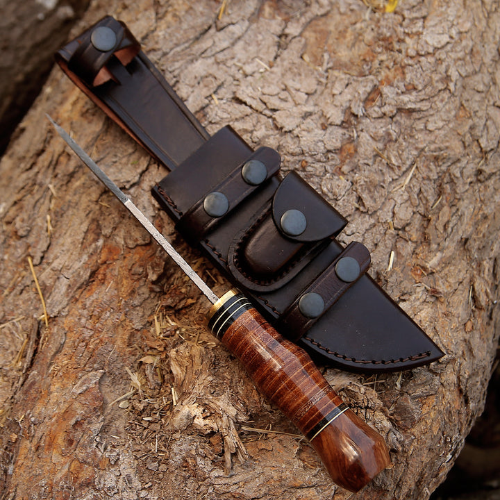 Hawk 11.5" Damascus Hunting Bowie Knife with Stacked Leather Handle - Shokunin USA