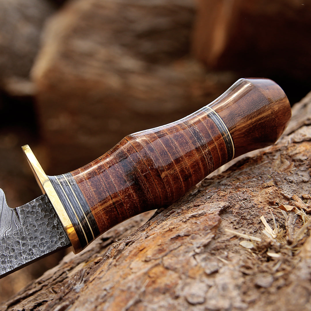 Hawk 11.5" Damascus Hunting Bowie Knife with Stacked Leather Handle - Shokunin USA