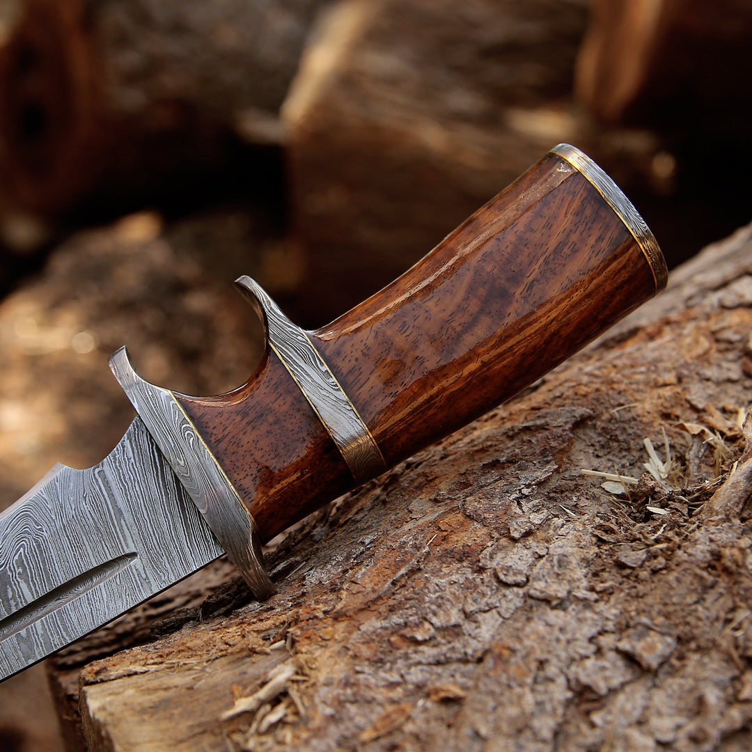 Utility Knife - Raider Damascus Steel Bowie Knife with Exotic Rose Wood Handle &amp; Sheath - Shokunin USA