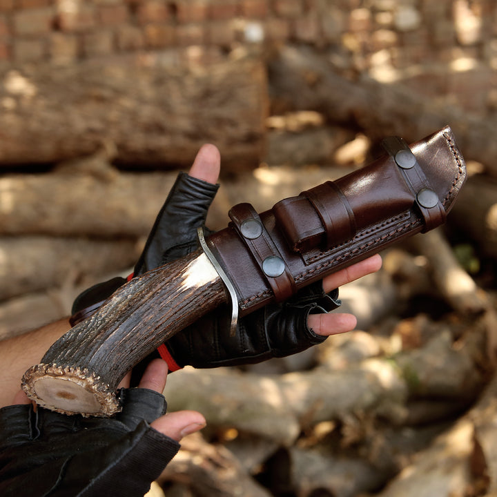 Wildfire Damascus Bowie Knife with Stag Horn Handle - Shokunin USA