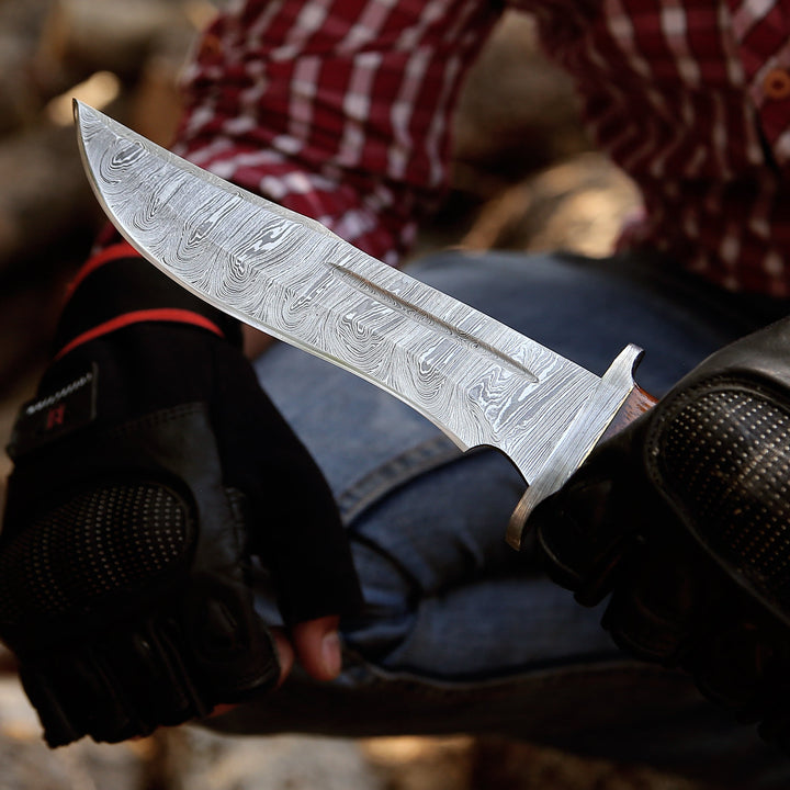 Utility Knife - Raider Damascus Steel Bowie Knife with Exotic Rose Wood Handle &amp; Sheath - Shokunin USA