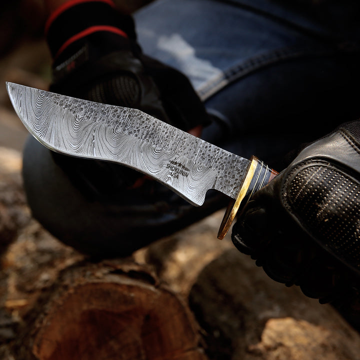 Hawk 11.5" Damascus Hunting Bowie Knife with Stacked Leather Handle - Shokunin USA