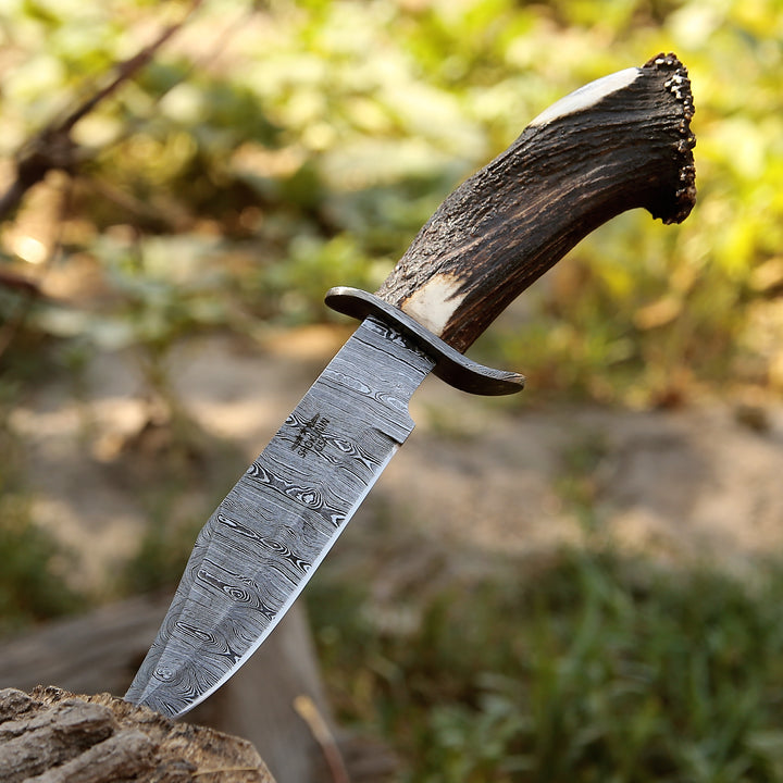 Wildfire Damascus Bowie Knife with Stag Horn Handle - Shokunin USA