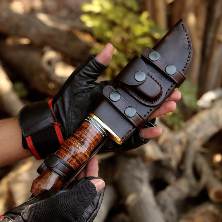 Hawk 11.5" Damascus Hunting Bowie Knife with Stacked Leather Handle - Shokunin USA