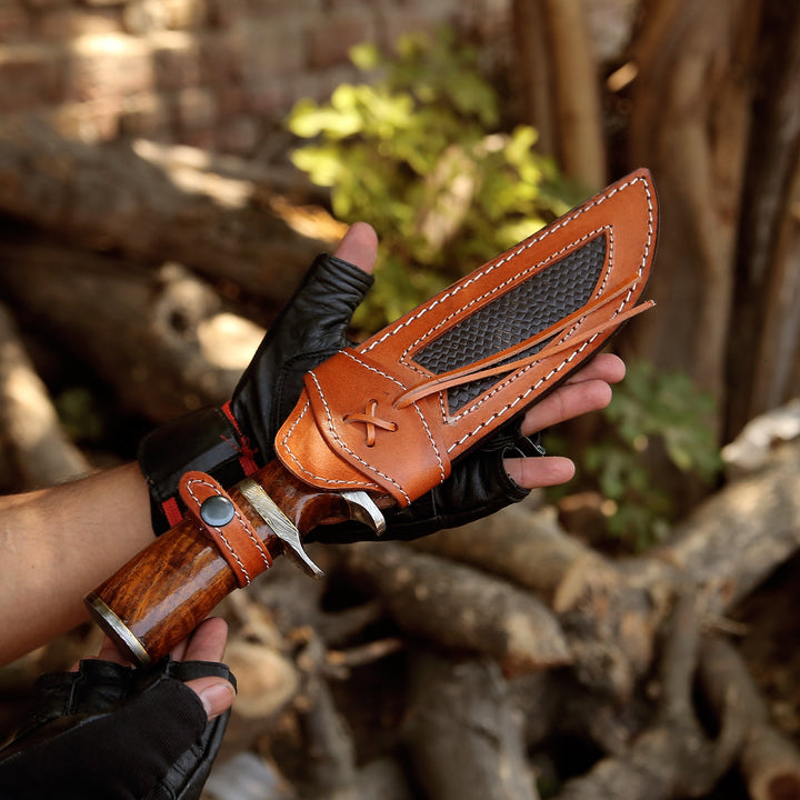 Utility Knife - Raider Damascus Steel Bowie Knife with Exotic Rose Wood Handle &amp; Sheath - Shokunin USA