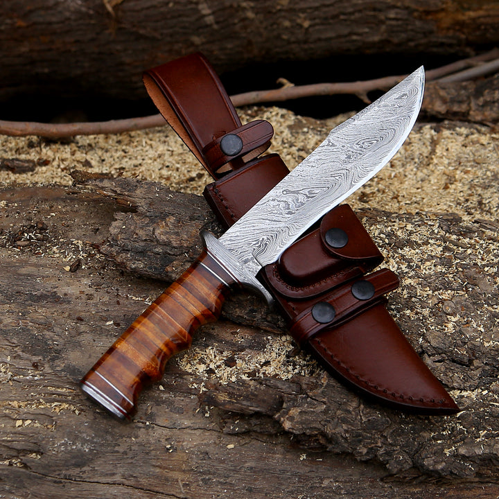 Brute Damascus Steel Bowie Knife with Stacked Leather Handle - Shokunin USA