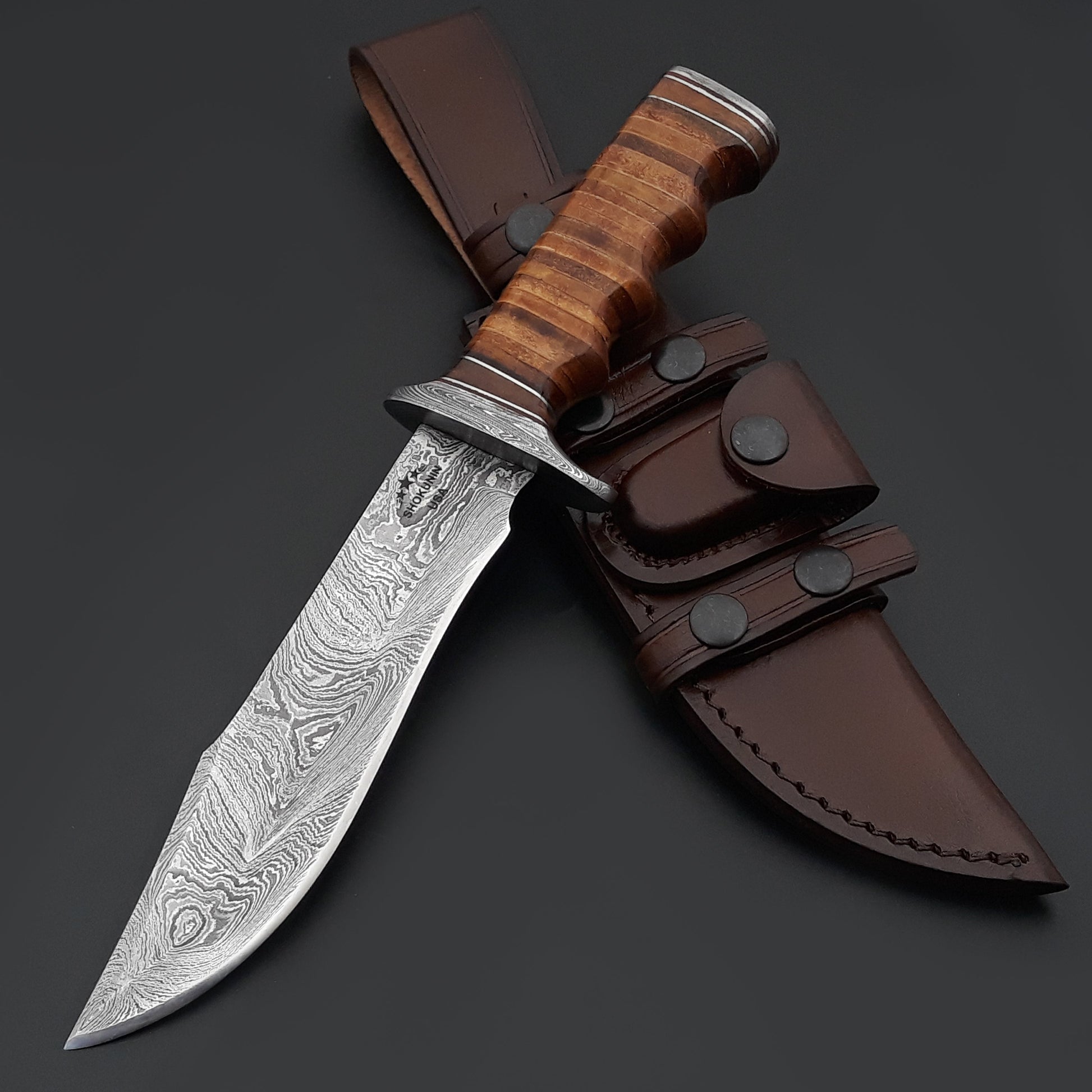 Hunting Knife - Ravager Damascus Steel Bowie Knife with Stacked Leather Handle - Shokunin USA