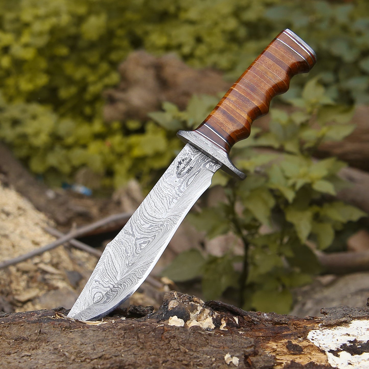 Hunting Knife - Ravager Damascus Steel Bowie Knife with Stacked Leather Handle - Shokunin USA