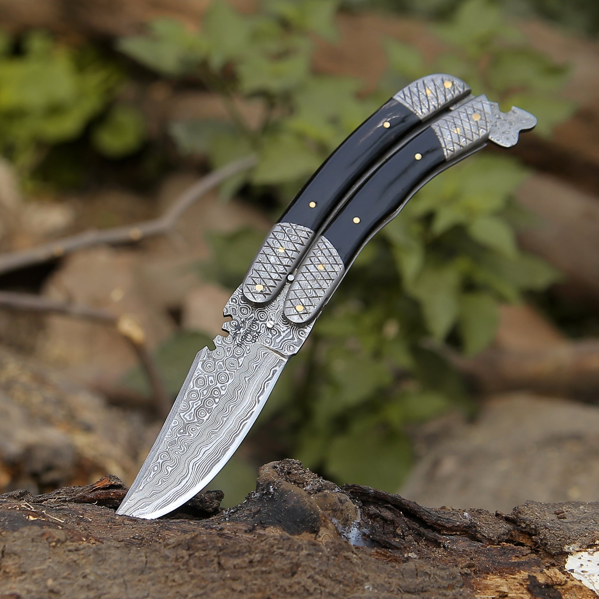 Utility Knife - Lunar Damascus Butterfly Knife with Bull Horn Handle - Shokunin USA