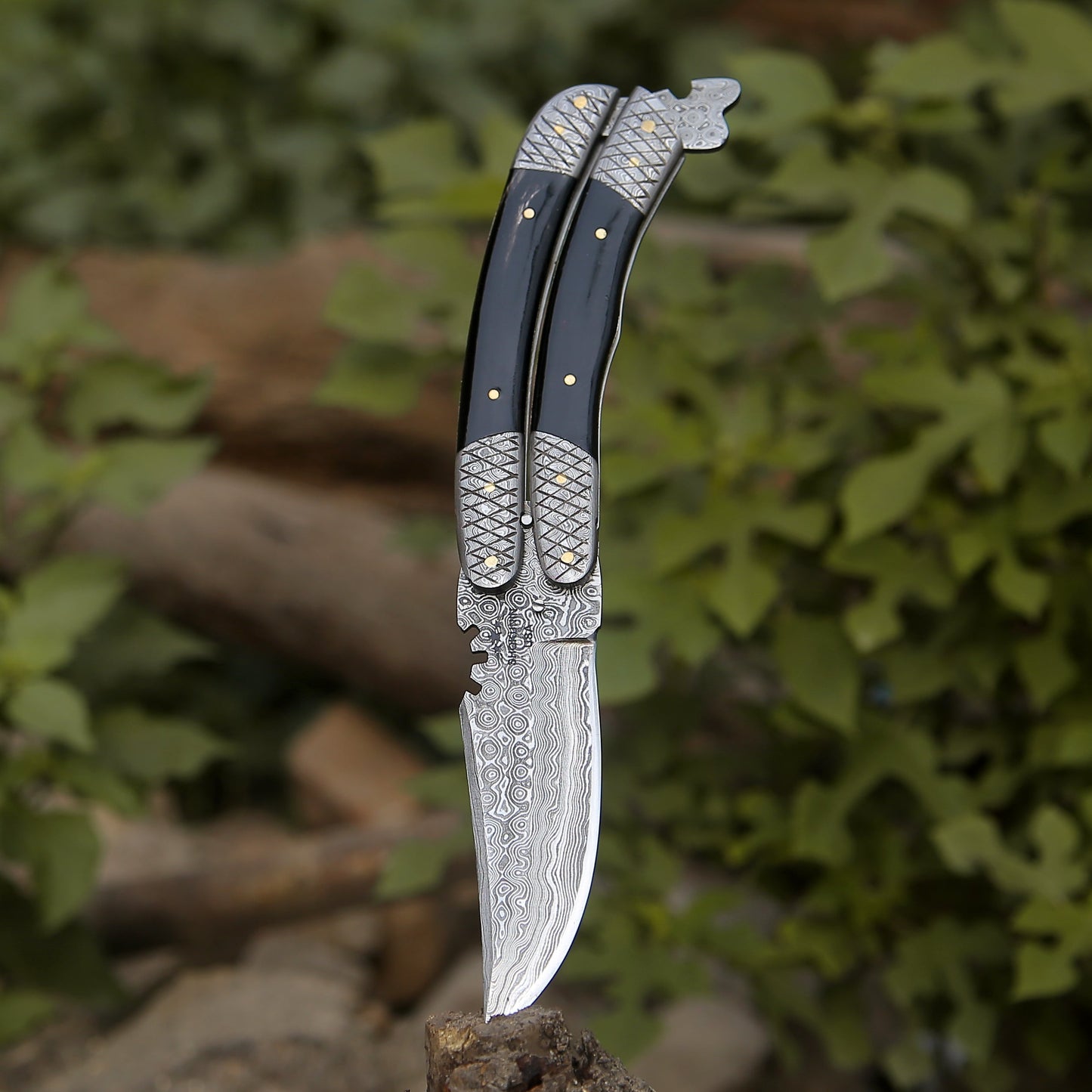 Utility Knife - Lunar Damascus Butterfly Knife with Bull Horn Handle - Shokunin USA
