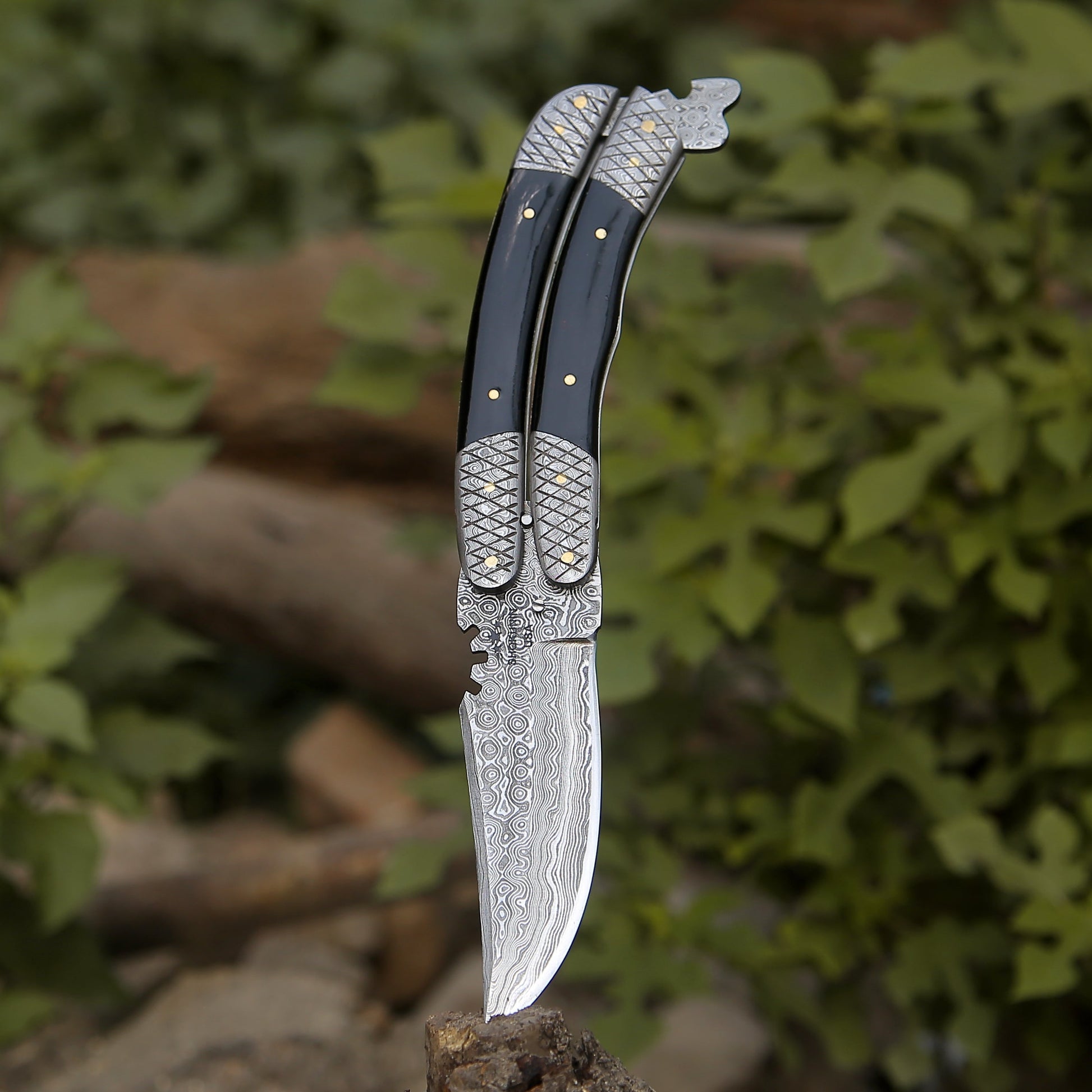 Utility Knife - Lunar Damascus Butterfly Knife with Bull Horn Handle - Shokunin USA