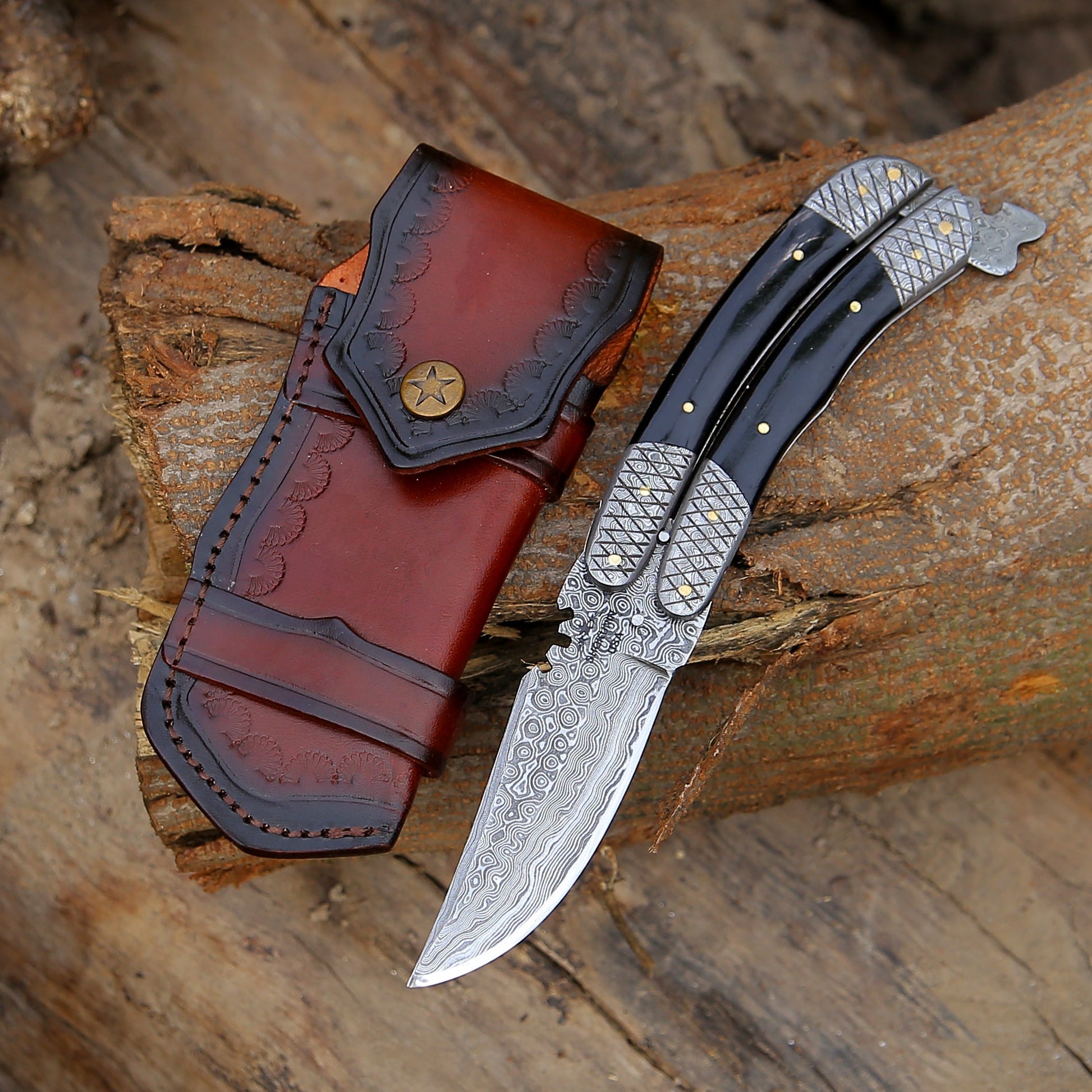 Utility Knife - Lunar Damascus Butterfly Knife with Bull Horn Handle - Shokunin USA