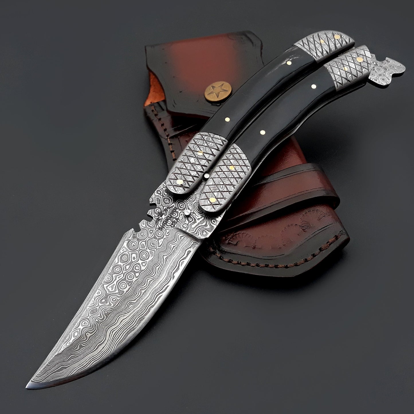 Utility Knife - Lunar Damascus Butterfly Knife with Bull Horn Handle - Shokunin USA