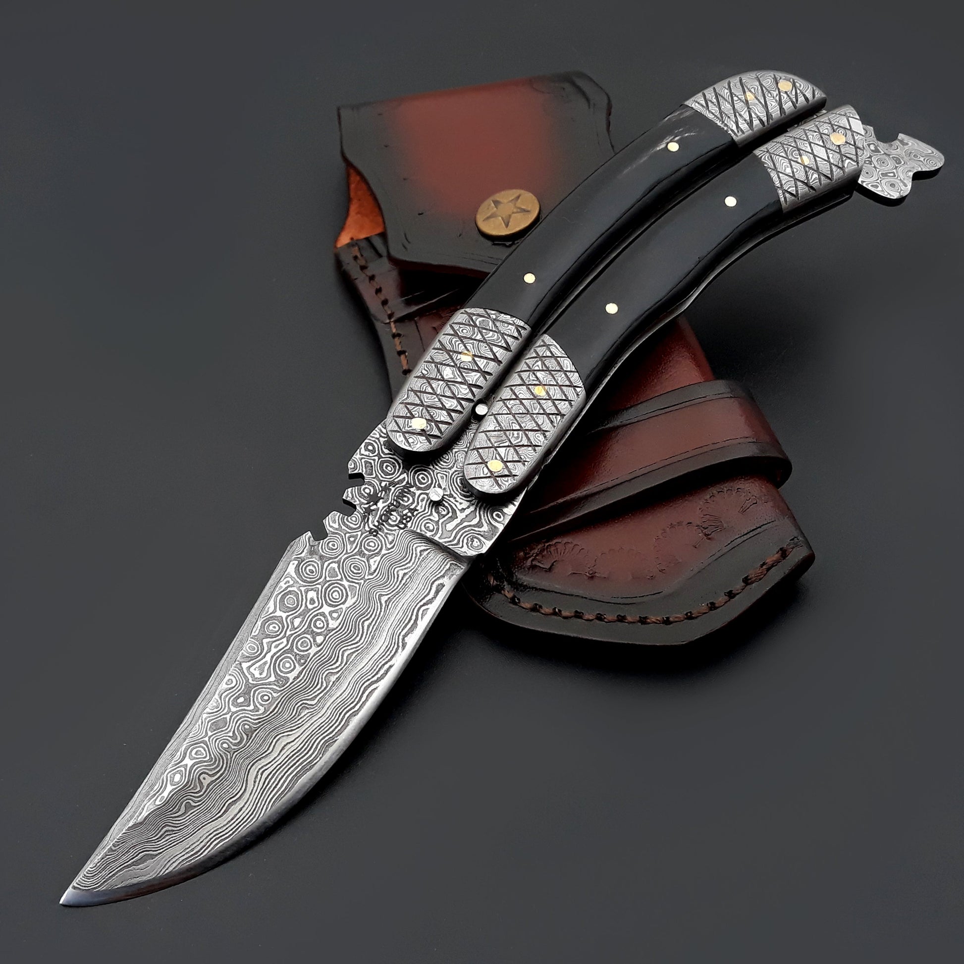 Utility Knife - Lunar Damascus Butterfly Knife with Bull Horn Handle - Shokunin USA