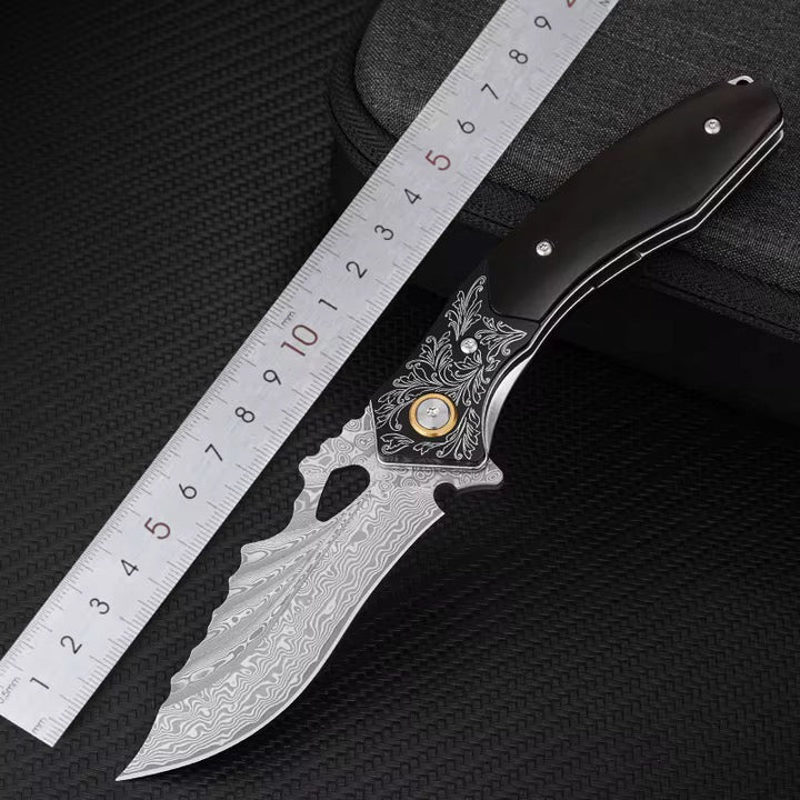 Damascus Knife - Specter Handmade Japanese VG10 Damascus Pocket Knife with Sheath &amp; Ebony Wood Handle - Shokunin USA
