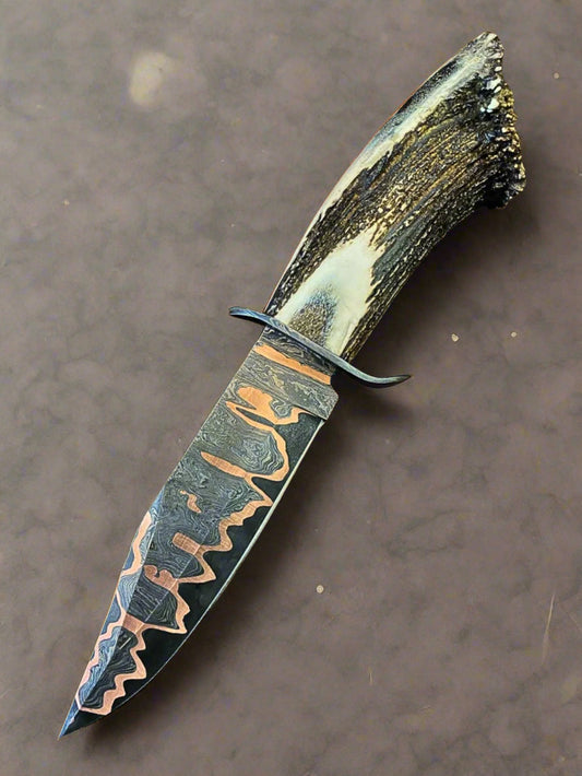 Hunting Knives - Nyx Copper & 1095 Damascus Hunting Knife with Antler Handle - Shokunin USA