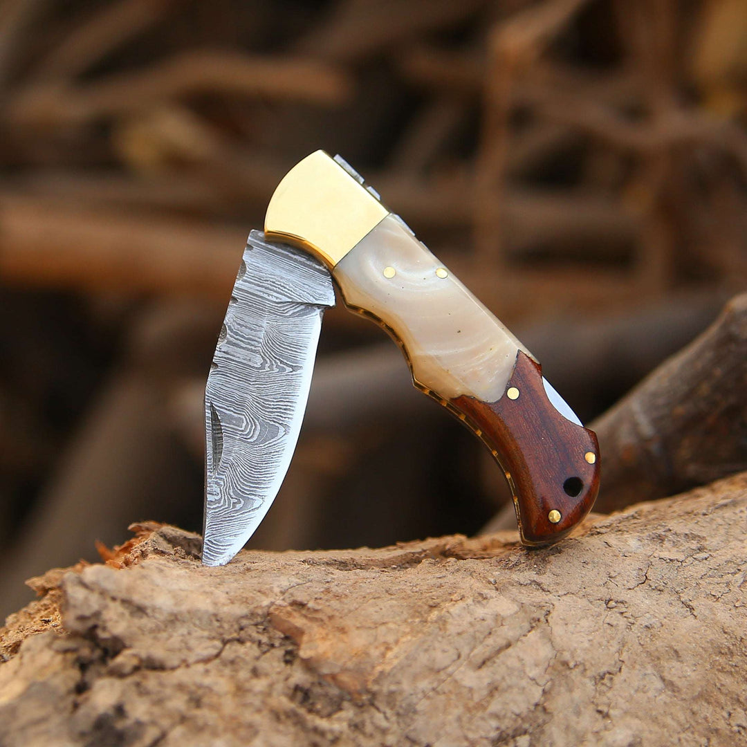 Custom Folding Knives - Expedition Custom Pocket Knife with Exotic Rose Wood &amp; Resin Scales - Shokunin USA