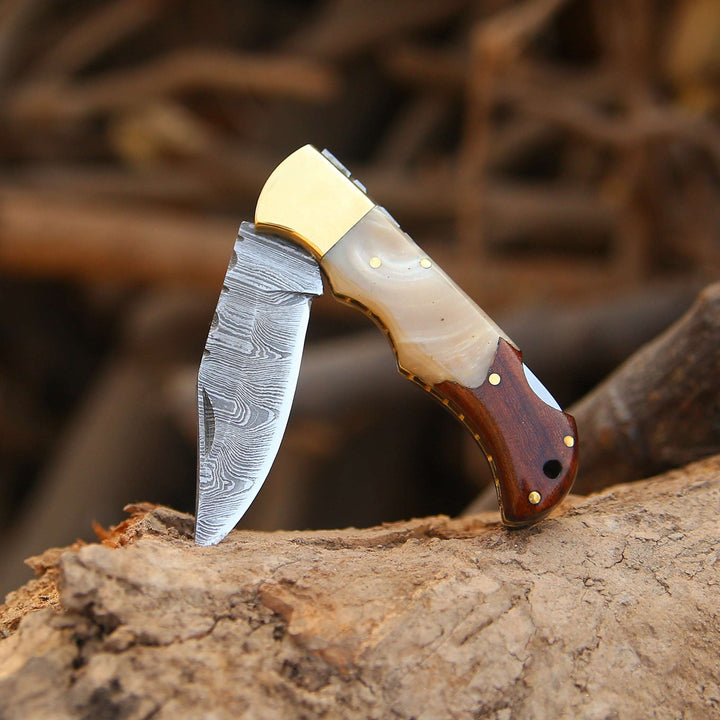 Custom Folding Knives - Expedition Custom Pocket Knife with Exotic Rose Wood &amp; Resin Scales - Shokunin USA