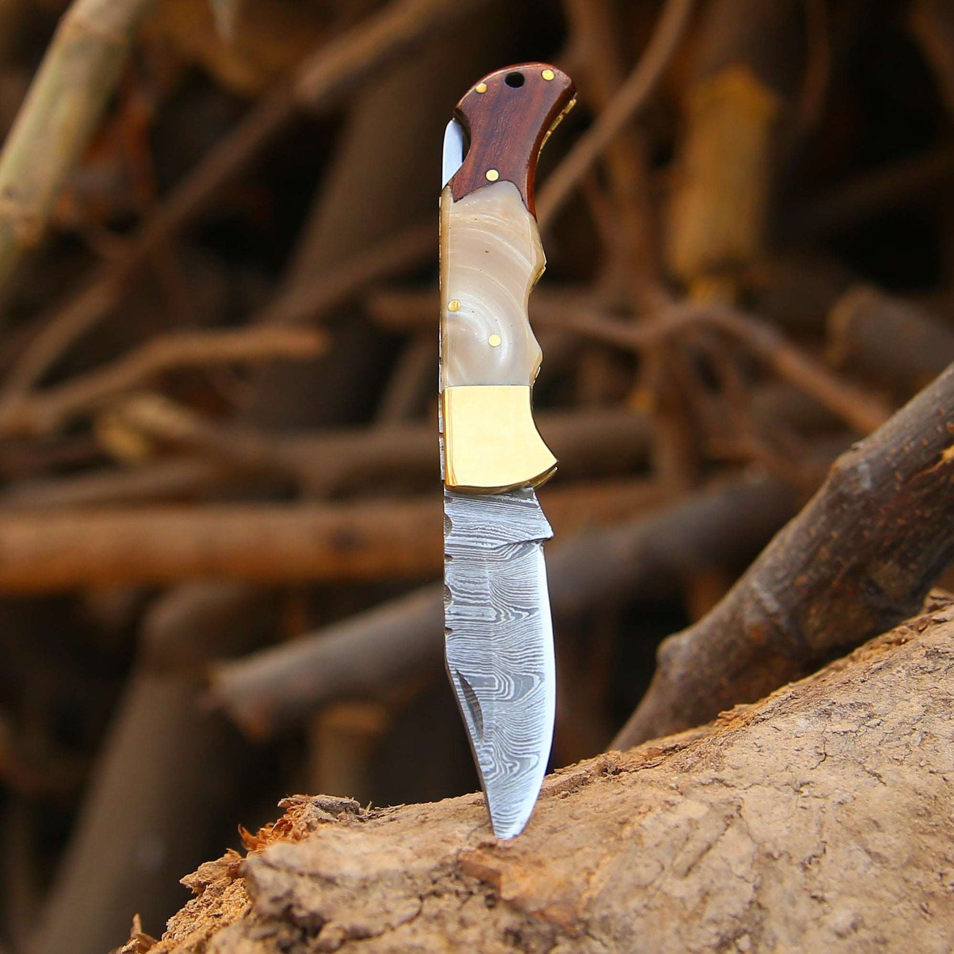 Knife with a wooden handle and metallic blade on a natural background