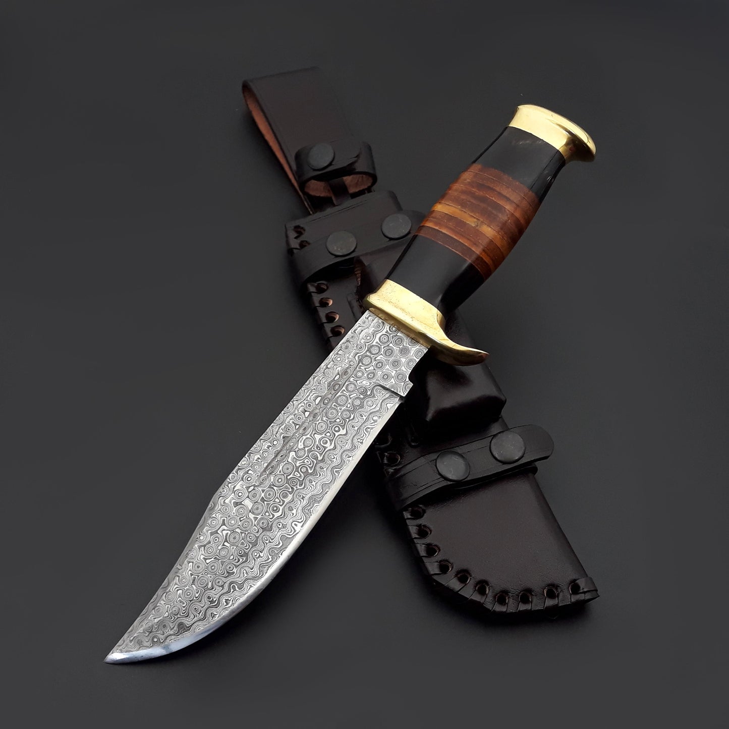 Custom Bowie Knives - Darkstar Custom Bowie Knife with Bull Horn & Stacked Leather Composite Handle - Shokunin USA