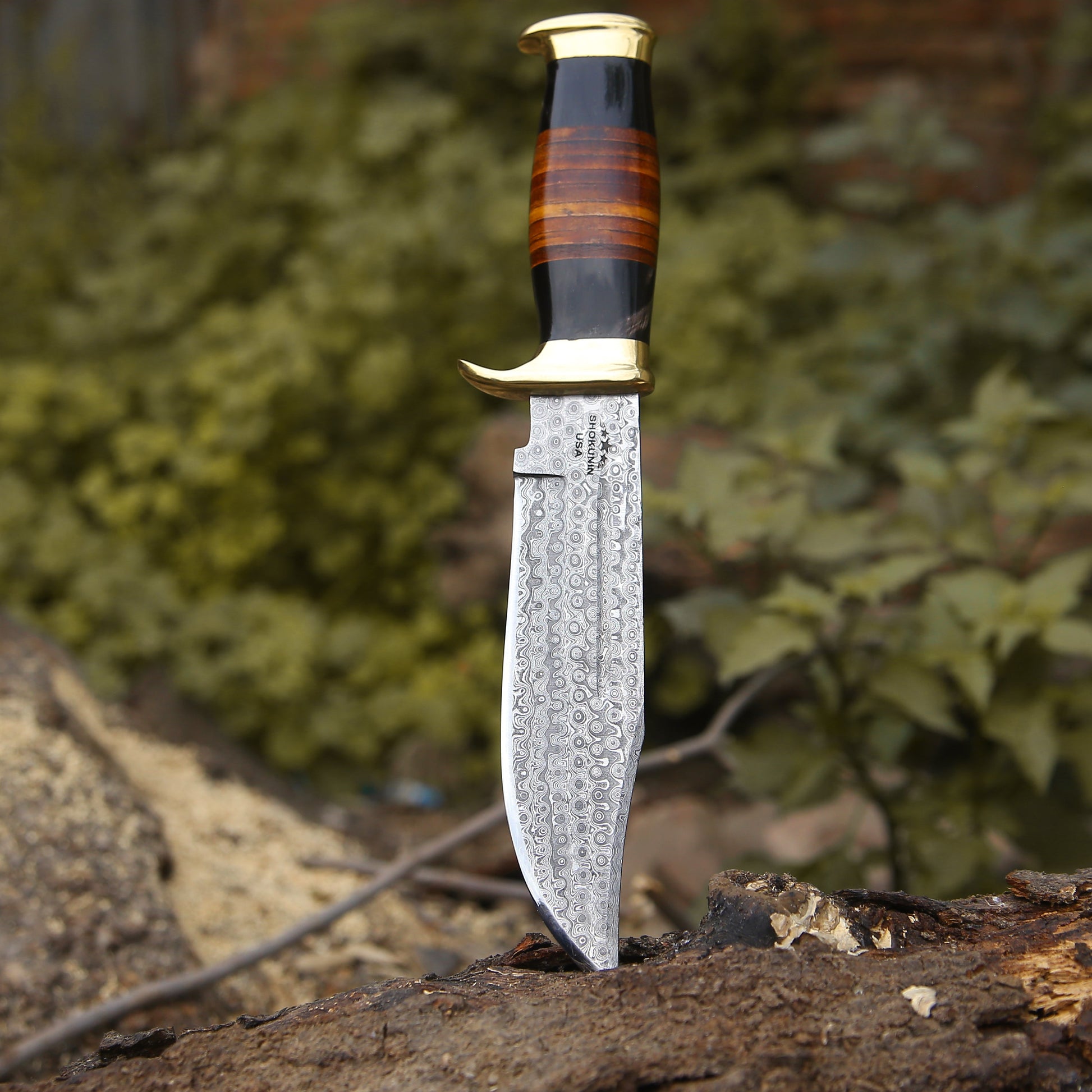 Custom Bowie Knives - Darkstar Custom Bowie Knife with Bull Horn & Stacked Leather Composite Handle - Shokunin USA