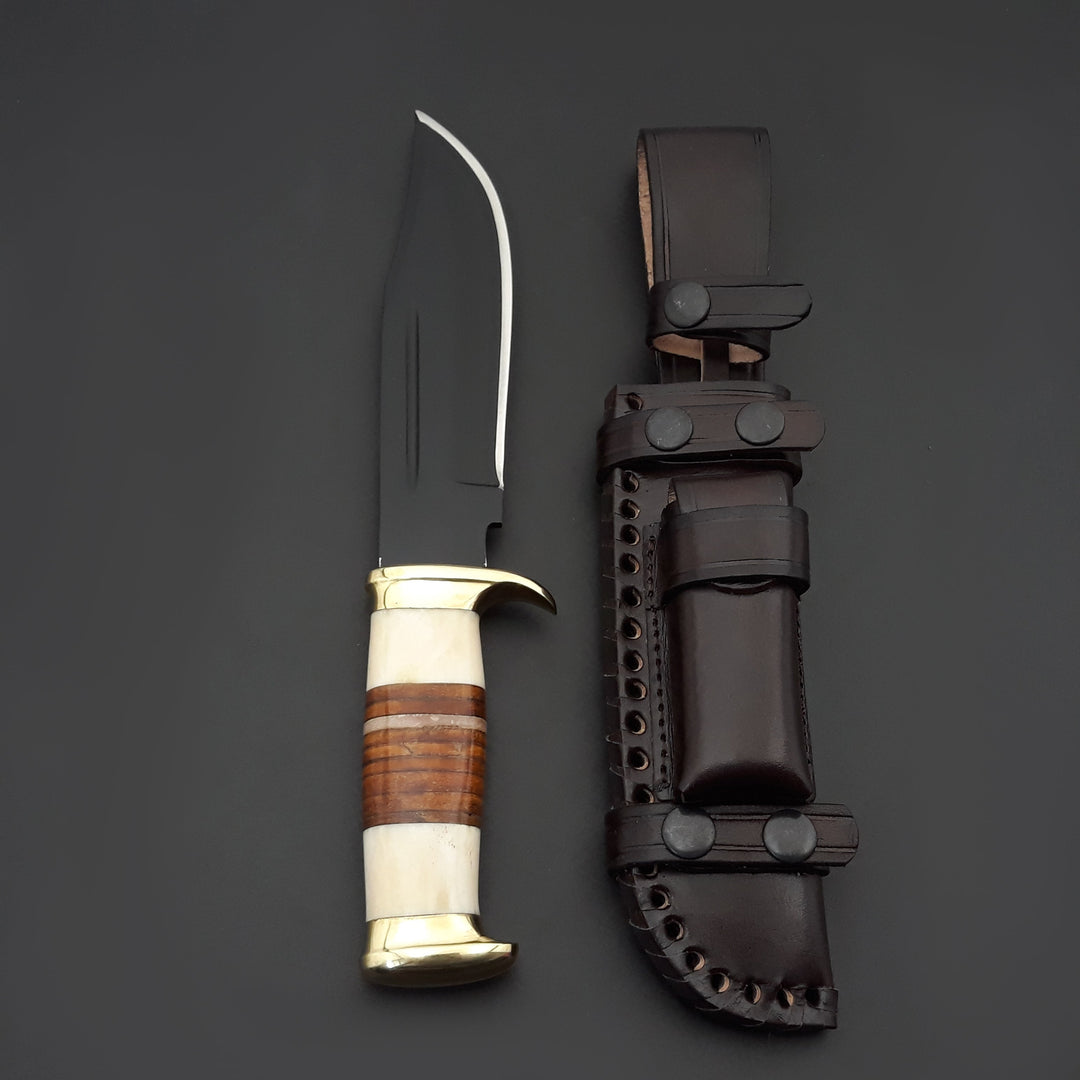 Custom Bowie Knife - Vindicator Custom Bowie Knife with Bone &amp; Stacked Leather Handle - Shokunin USA