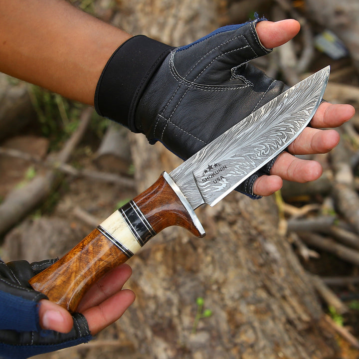 Annihilator Custom Feather Damascus Hunting Knife with Exotic Rose Wood Handle - Shokunin USA