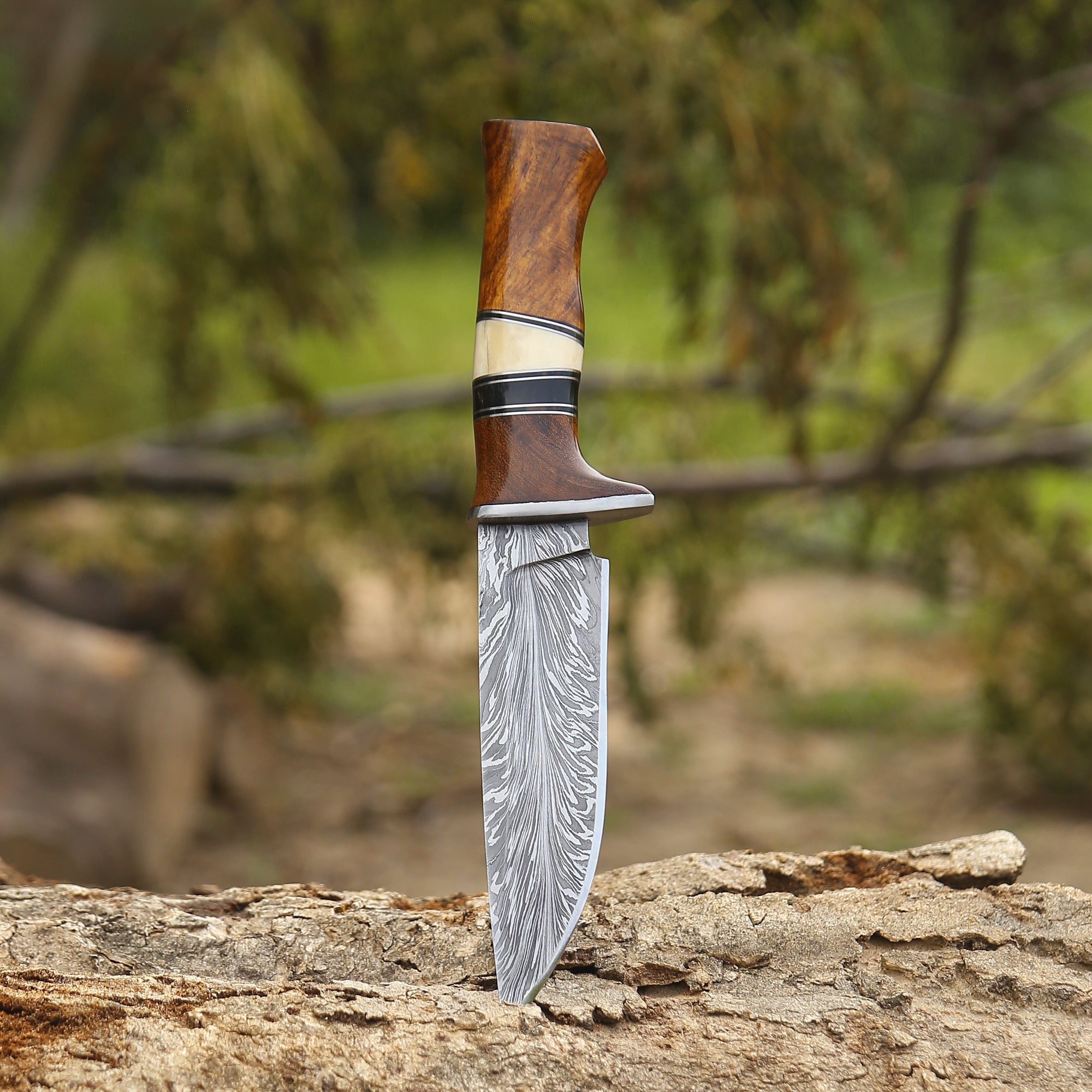 Annihilator Custom Feather Damascus Hunting Knife with Exotic Rose Wood Handle - Shokunin USA