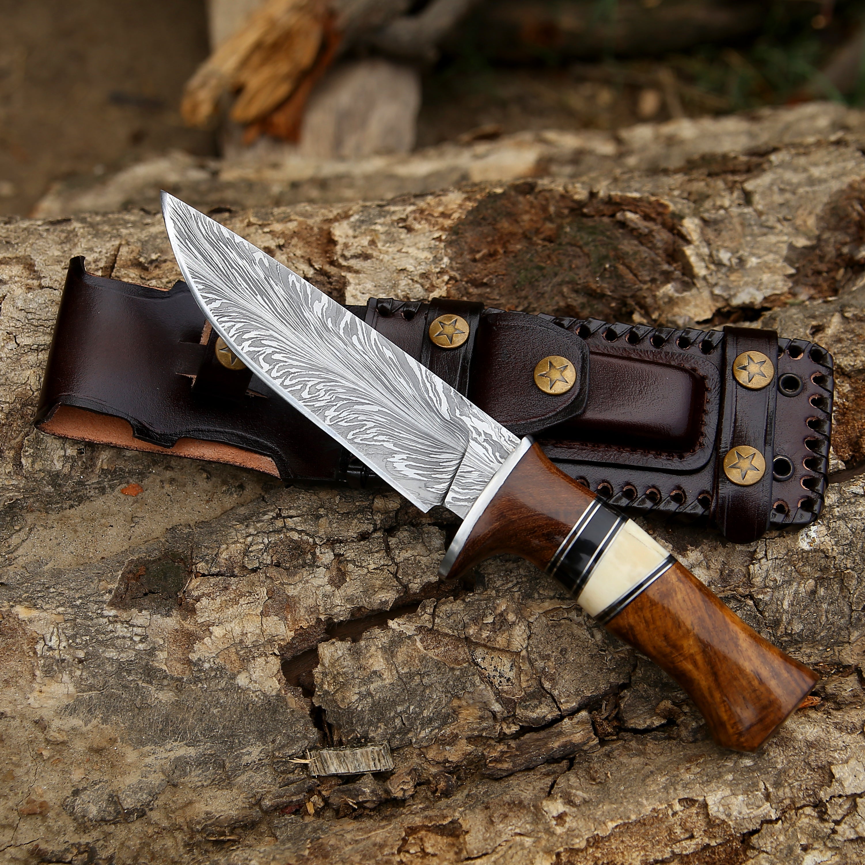 Annihilator Custom Feather Damascus Hunting Knife with Exotic Rose Wood Handle - Shokunin USA