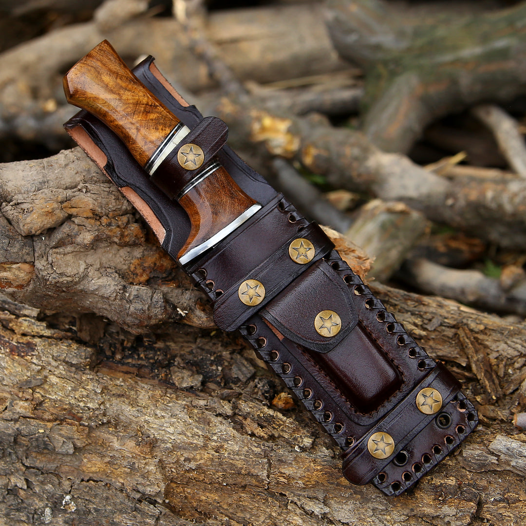 Annihilator Custom Feather Damascus Hunting Knife with Exotic Rose Wood Handle - Shokunin USA