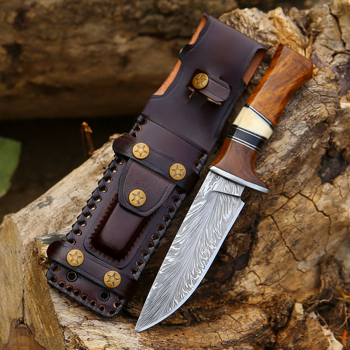 Annihilator Custom Feather Damascus Hunting Knife with Exotic Rose Wood Handle - Shokunin USA