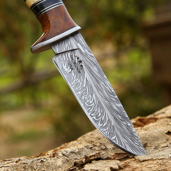 Annihilator Custom Feather Damascus Hunting Knife with Exotic Rose Wood Handle - Shokunin USA