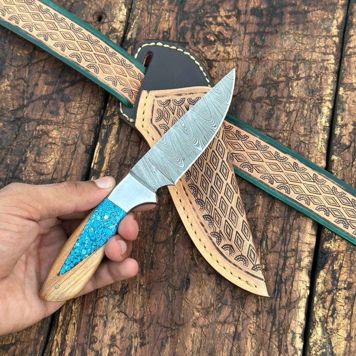 Fixed blade knife. - Canyon Damascus Skinner Knife with Hand tooled Sheath &amp; Belt - Shokunin USA