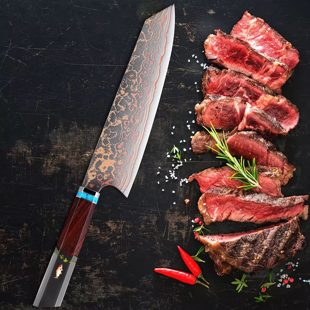Chef knife - Noble Copper &amp; Cobalt Alloy Damascus Chef Knife with Exotic Bloodwood &amp; Resin Handle - Shokunin USA