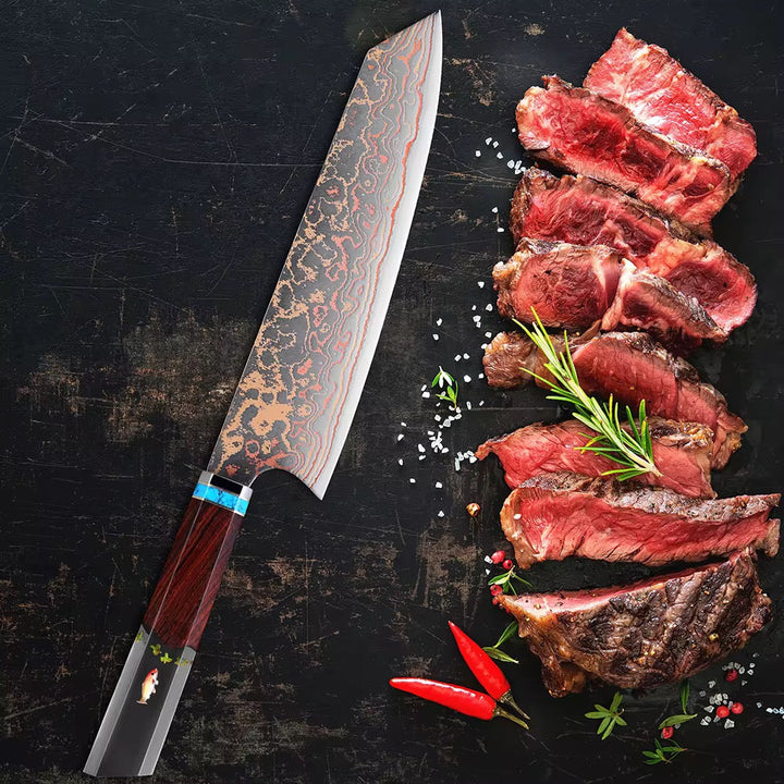 Chef knife - Noble Copper &amp; Cobalt Alloy Damascus Chef Knife with Exotic Bloodwood &amp; Resin Handle - Shokunin USA