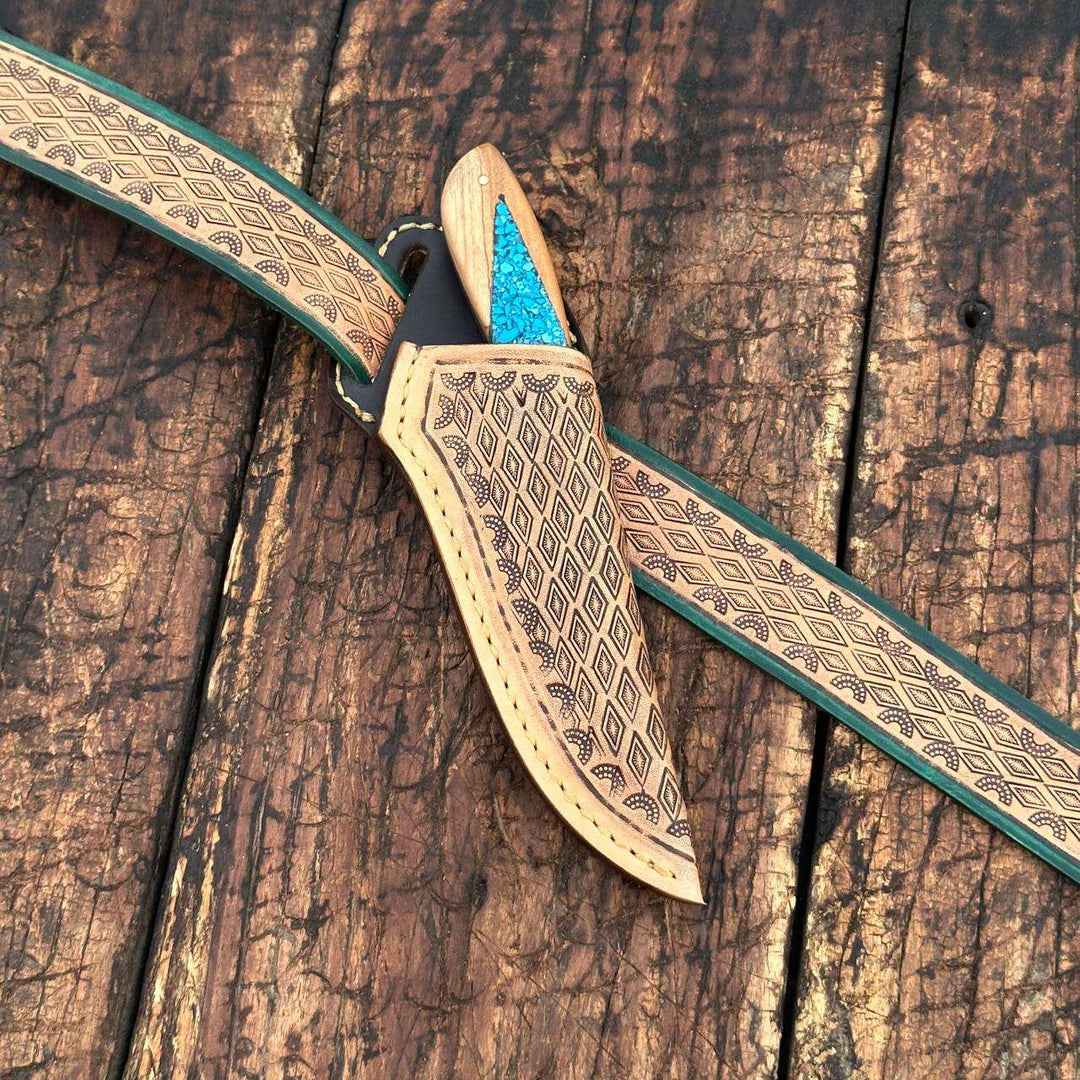 Fixed blade knife. - Canyon Damascus Skinner Knife with Hand tooled Sheath &amp; Belt - Shokunin USA
