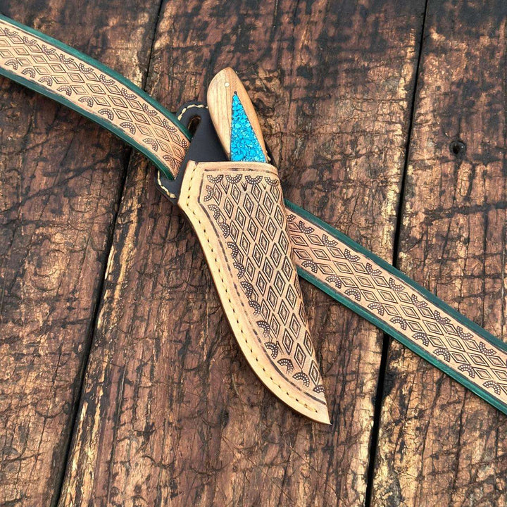 Fixed blade knife. - Canyon Damascus Skinner Knife with Hand tooled Sheath &amp; Belt - Shokunin USA