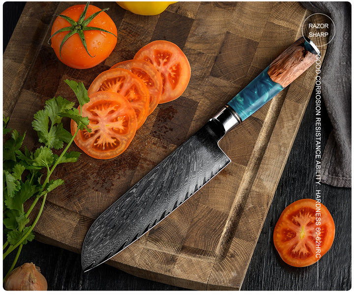 Chef knife - Kurenai VG10 Chef Knife Damascus Santoku Knife with Exotic Olive Wood &amp; River Handle - Shokunin USA