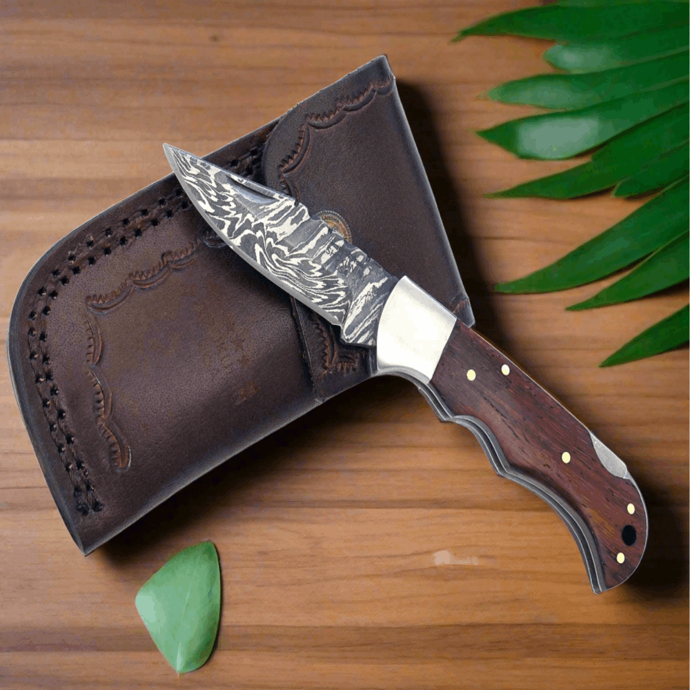 Damascus Knife - Excalibur Damascus Pocket Knife with Exotic Red Heart Wood Handle - Shokunin USA