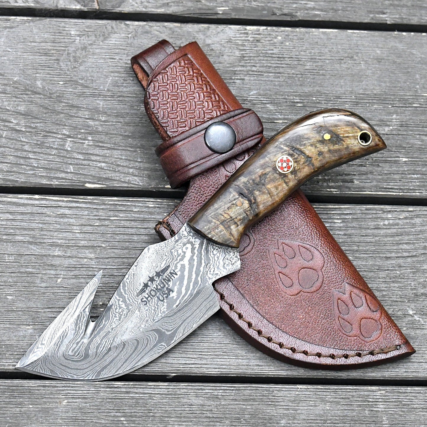 Damascus Knife - Master Gut Hook Knife with Ram Horn and Turquoise Handle - Shokunin USA