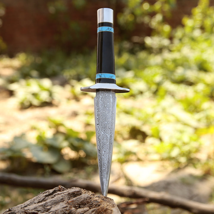 Oasis Damascus Hunting Fixed Blade Knife with Turquoise and Bull Horn Handle - Shokunin USA