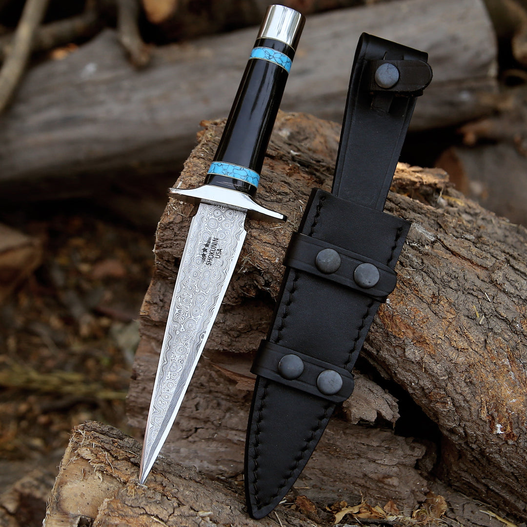 Oasis Damascus Hunting Fixed Blade Knife with Turquoise and Bull Horn Handle - Shokunin USA