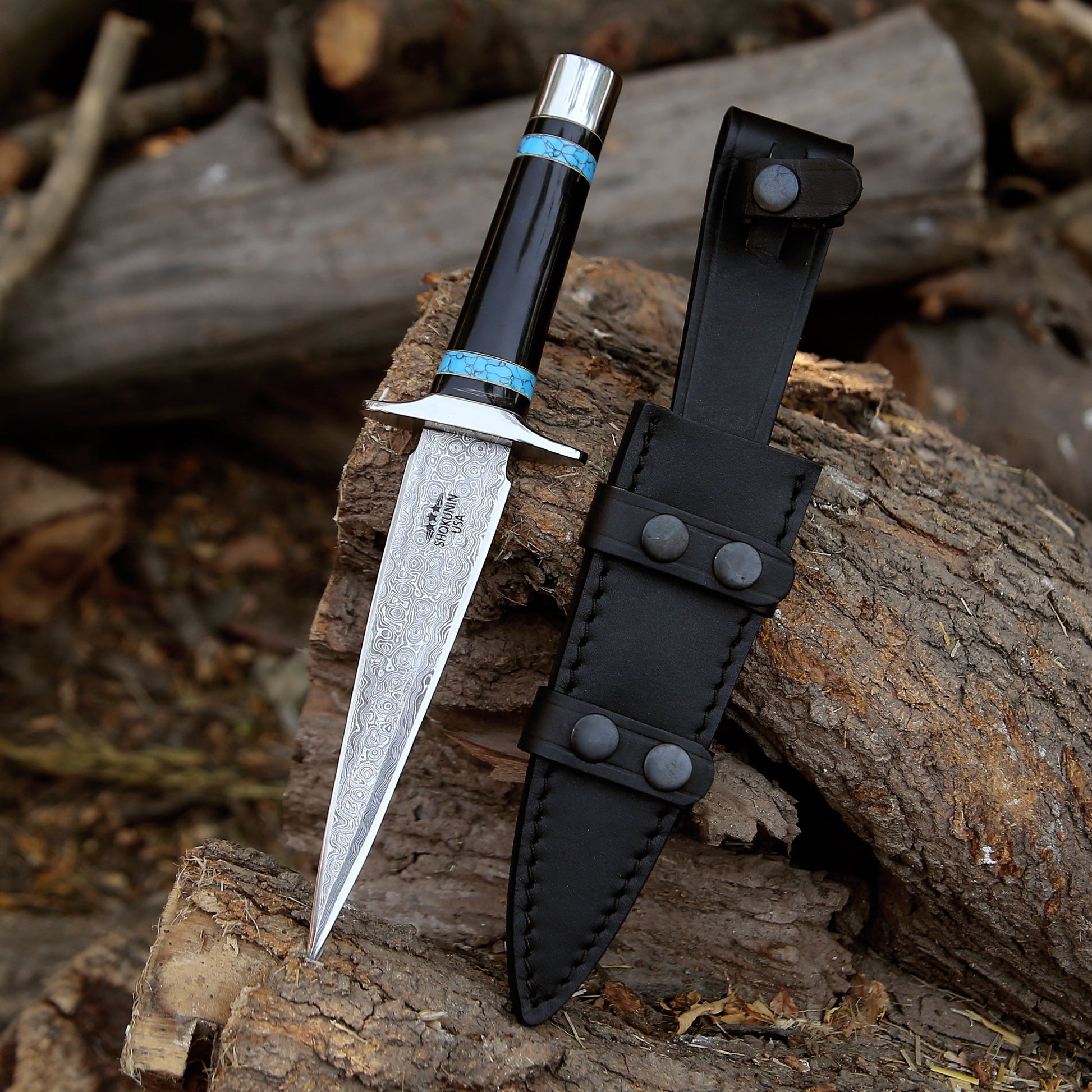 Oasis Damascus Hunting Fixed Blade Knife with Turquoise and Bull Horn Handle - Shokunin USA