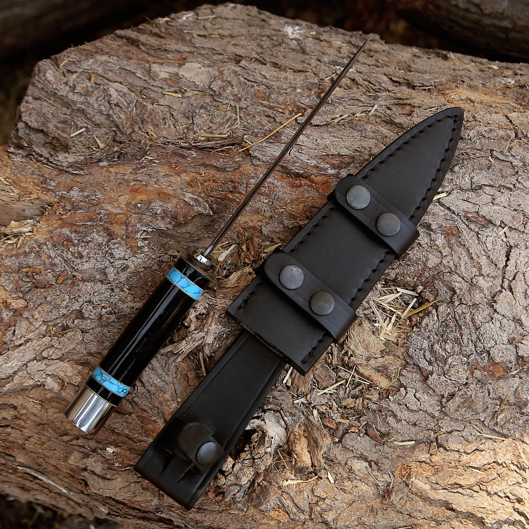 Oasis Damascus Hunting Fixed Blade Knife with Turquoise and Bull Horn Handle - Shokunin USA