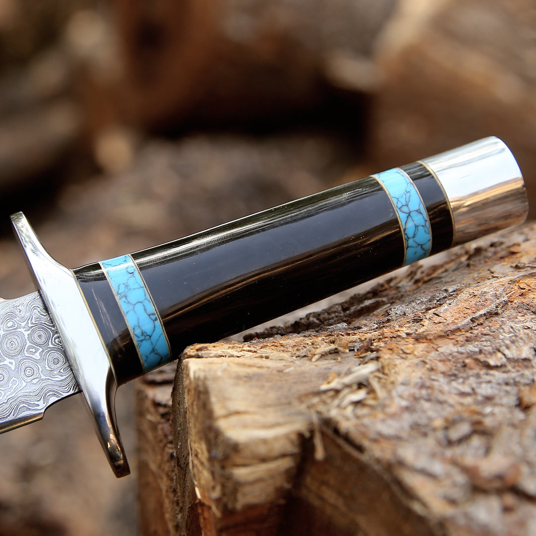 Oasis Damascus Hunting Fixed Blade Knife with Turquoise and Bull Horn Handle - Shokunin USA