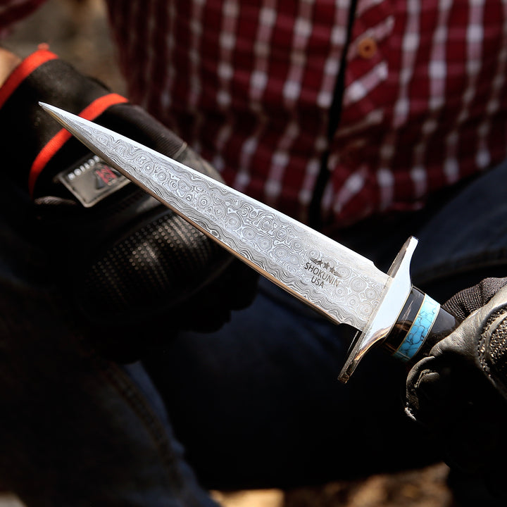 Oasis Damascus Hunting Fixed Blade Knife with Turquoise and Bull Horn Handle - Shokunin USA