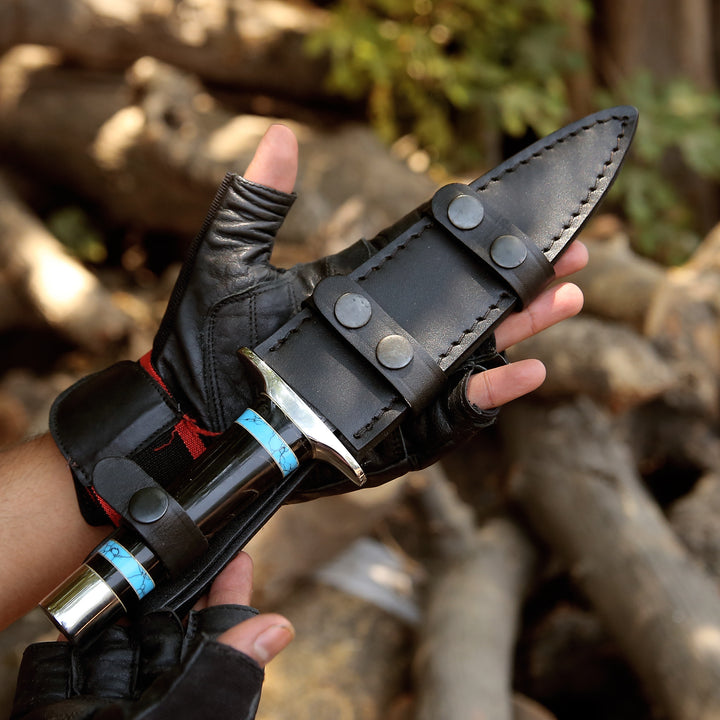 Oasis Damascus Hunting Fixed Blade Knife with Turquoise and Bull Horn Handle - Shokunin USA